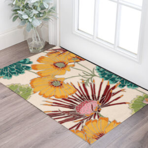 3' X 4' Ivory Red and Orange Floral Hand Carved Handmade Area Rug