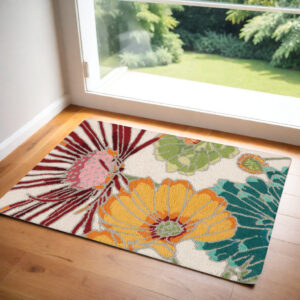 2' X 3' Ivory Red and Yellow Floral Hand Carved Handmade Area Rug