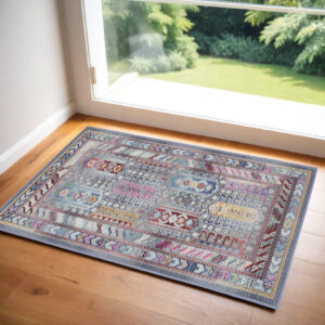 2' X 4' Ivory Gray And Red Floral Distressed Area Rug