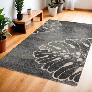 4' X 6' Ivory Black and Gray Botanical Leaves Area Rug