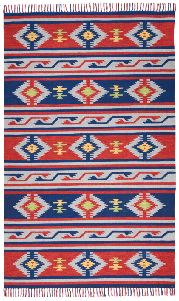 7' X 10' Blue Southwestern Handmade Area Rug With Fringe