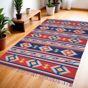 4' X 6' Blue and Red Southwestern Handmade Area Rug With Fringe