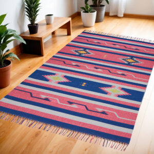 4' X 6' Pink and Blue Southwestern Handmade Area Rug With Fringe