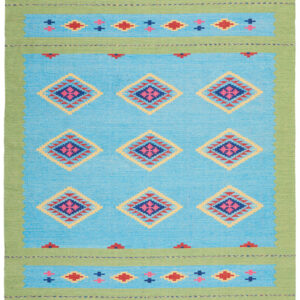 8' X 10' Blue and Yellow Southwestern Handmade Area Rug With Fringe