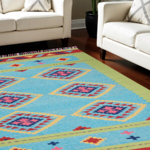 7' X 10' Blue and Green Southwestern Handmade Area Rug With Fringe