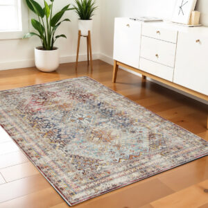 4' X 6' Ivory Red And Orange Geometric Distressed Area Rug