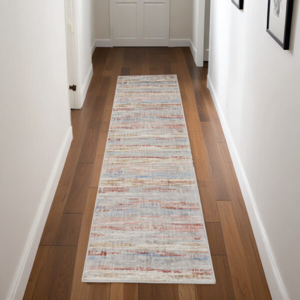 8' Ivory Red and Blue Abstract Non Skid Runner Rug