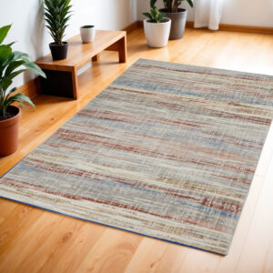 4' X 6' Ivory Red and Blue Abstract Non Skid Area Rug