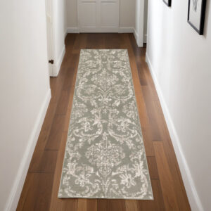 7' Olive Green and Ivory Damask Distressed Runner Rug