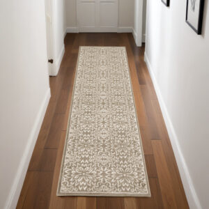 7' Taupe and Ivory Floral Runner Rug