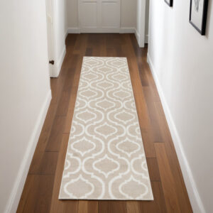 7' Beige and Ivory Trellis Runner Rug