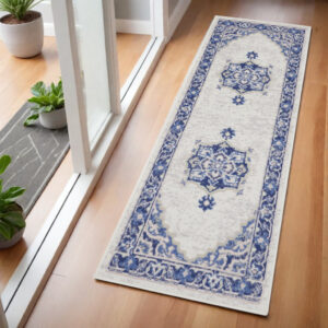 6' Ivory and Blue Floral Runner Rug