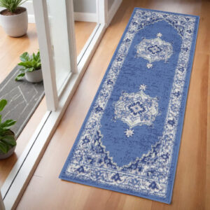 6' Ivory Navy Blue and Beige Floral Medallion Runner Rug