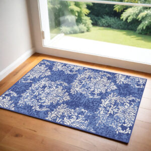3' X 5' Navy Blue and Ivory Damask Distressed Area Rug