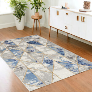 4' X 6' Ivory Blue and Gray Geometric Non Skid Area Rug