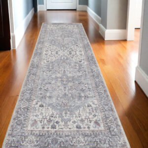 12' Ivory And Black Floral Distressed Runner Rug