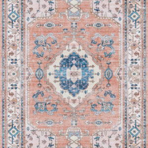 8' Ivory Blue and Coral Oriental Distressed Non Skid Runner Rug