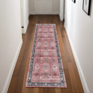 8' Brick Red and Black Oriental Distressed Non Skid Runner Rug