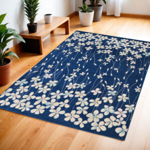 4' X 6' Navy Blue and Ivory Floral Area Rug