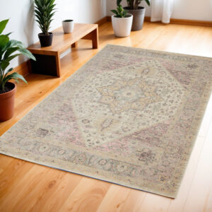 4' X 6' Ivory Pink And Gray Floral Distressed Area Rug