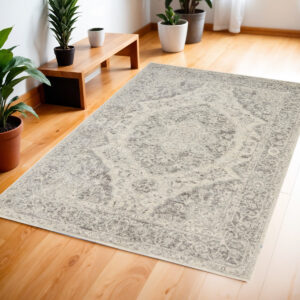 4' X 6' Ivory And Gray Floral Medallion Distressed Area Rug