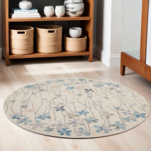 5' Ivory And Blue Floral Round Rug