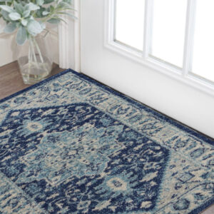 2' X 4' Ivory And Navy Blue Floral Medallion Distressed Area Rug