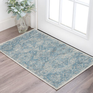 2' X 4' Ivory and Light Blue Oriental Distressed Area Rug