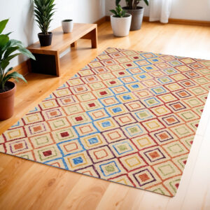 4' X 6' Ivory Blue And Red Wool Geometric Hand Tufted Area Rug