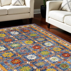 8' X 11' Navy Blue Orange And Green Wool Floral Hand Tufted Distressed Area Rug