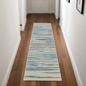 7' Ivory Blue and Gray Striped Runner Rug