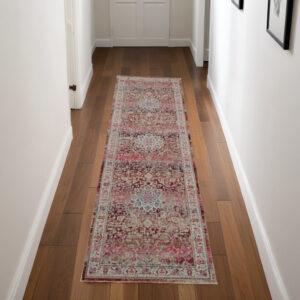 8' Ivory And Red Floral Distressed Runner Rug