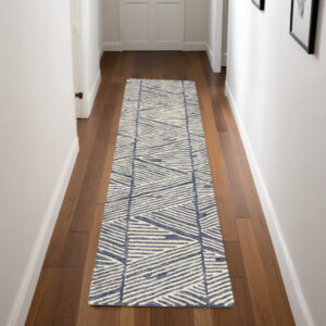 8' Blue and White Wool Abstract Runner Rug