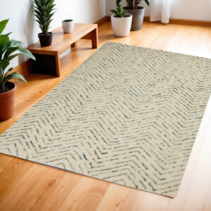 4' X 6' Ivory Blue and Green Wool Chevron Area Rug