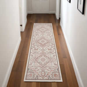 8' Ivory and Red Floral Non Skid Runner Rug