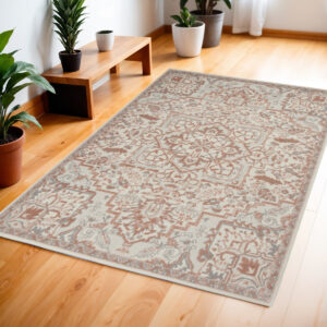 4' X 6' Ivory and Red Floral Medallion Non Skid Area Rug