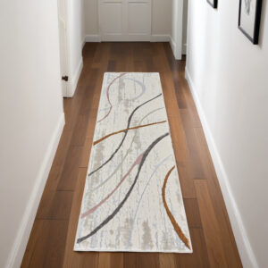 8' Ivory Black and Brown Abstract Non Skid Runner Rug