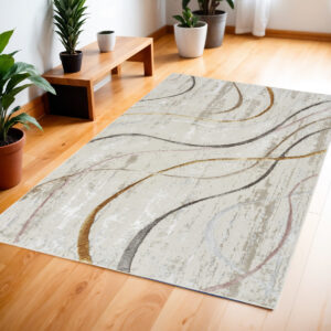 4' X 6' Ivory Black and Brown Abstract Non Skid Area Rug