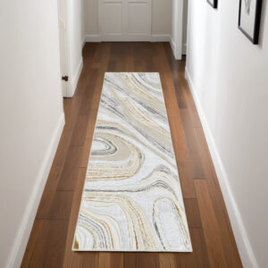 8' Ivory Gold and Gray Abstract Non Skid Runner Rug