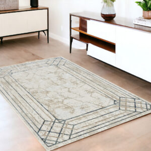 4' X 6' Ivory Black and Taupe Geometric Non Skid Area Rug