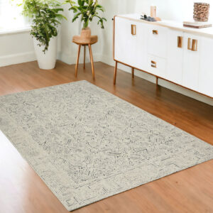 4' X 6' Navy Blue and Ivory Wool Abstract Area Rug