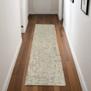 8' Beige and Gray Wool Abstract Geometric Runner Rug