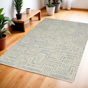 4' X 6' Ivory And Turquoise Wool Geometric Area Rug