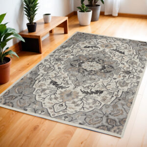 4' X 6' Ivory Black and Gray Floral Medallion Non Skid Area Rug