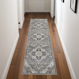 8' Ivory Black and Gray Floral Medallion Non Skid Runner Rug