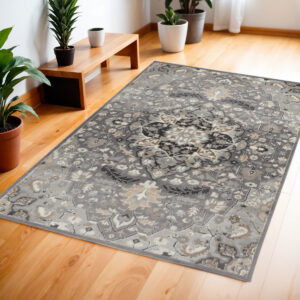 4' X 6' Gray and Black Floral Medallion Non Skid Area Rug