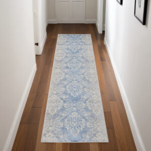 8' Blue and Ivory Damask Distressed Non Skid Runner Rug