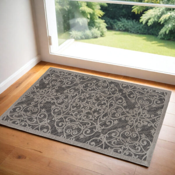 2' X 4' Charcoal and Gray Damask Distressed Area Rug