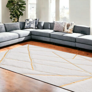 6' X 9' White and Gold Faux Sheepskin Abstract Geometric Machine Tufted Washable Non Skid Area Rug