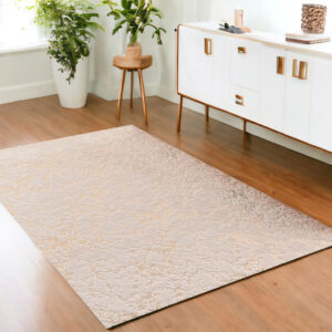 4' X 6' Beige and Gold Faux Fur Abstract Shag Non Skid Area Rug